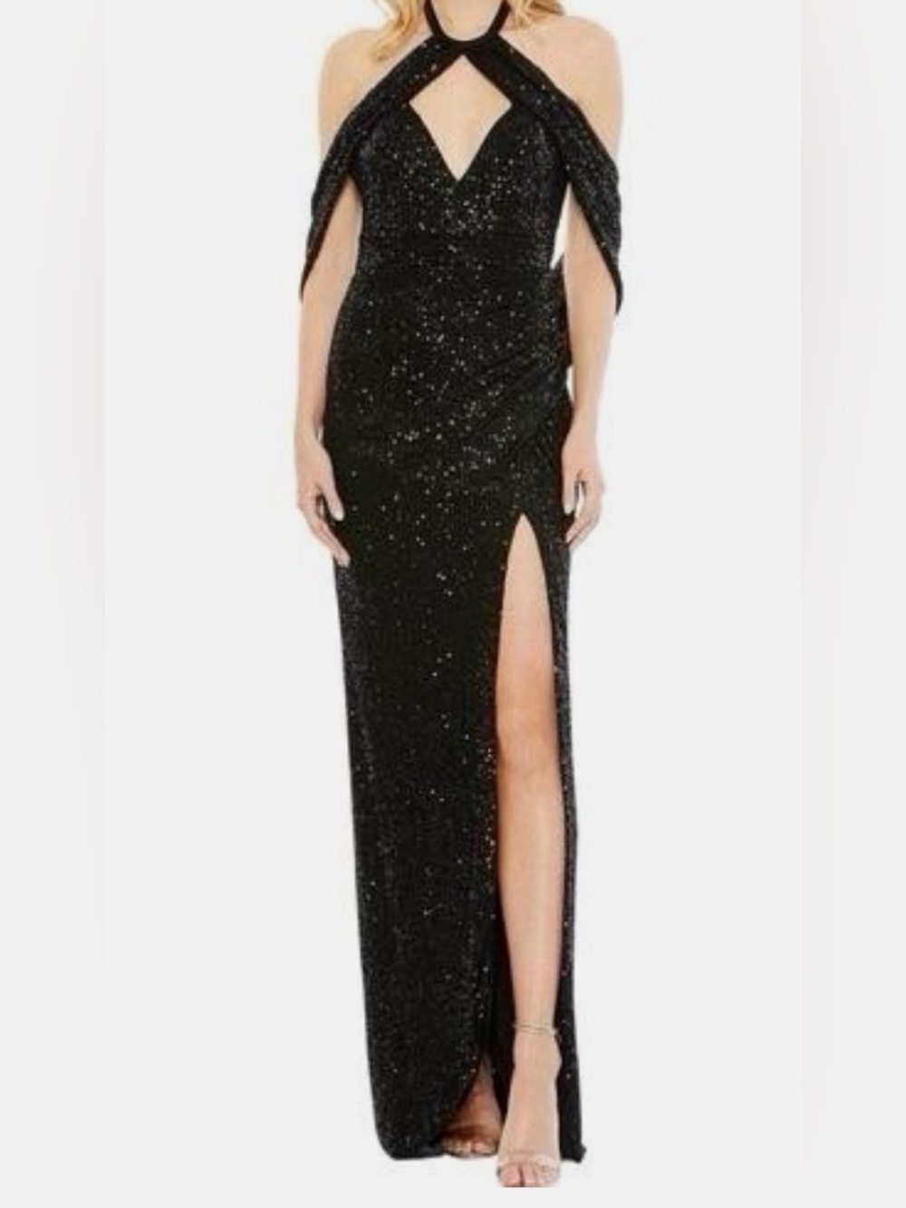 Mac Duggal Black Sequined Halter Maxi Dress with High Thigh Slit- Size 2